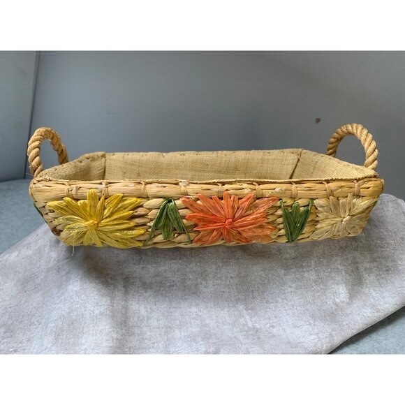 Vintage Handwoven Rattan Basket with Floral Embellishments Burlap Liner  11x7 19 - Picture 1 of 11